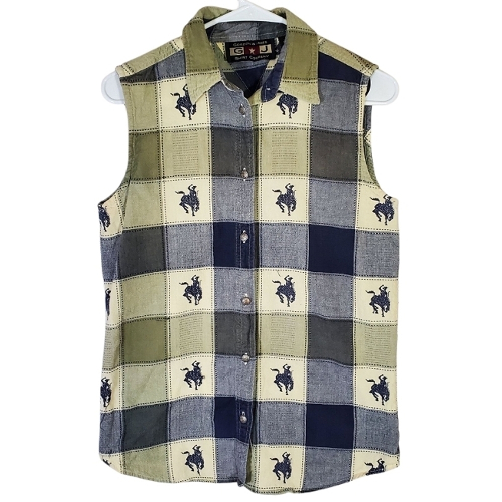 2128 * Gordon & James Shirt Company Bucking Bronco Top Olive Blue Navy Size L